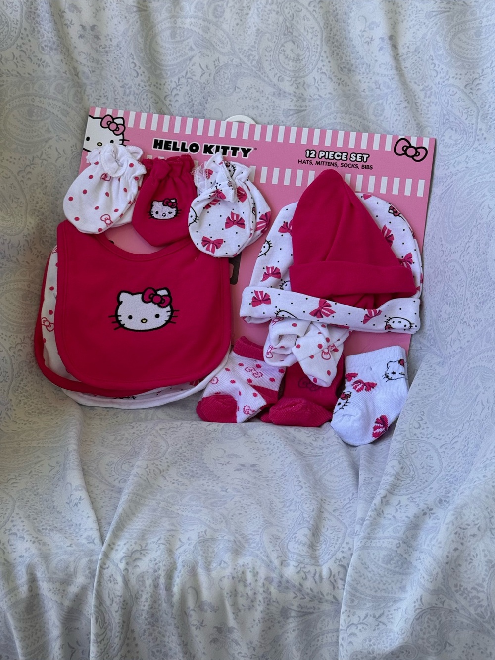 Hello Kitty Hot Pink & White 12 piece Baby Set-  Bibs, mittens, caps, and bootie